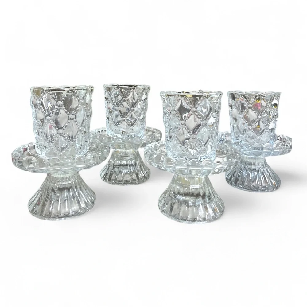 Set of 4 Retired Vintage PartyLite Quilted Pattern Crystal Candle Holders P9246 - Picture 2 of 11